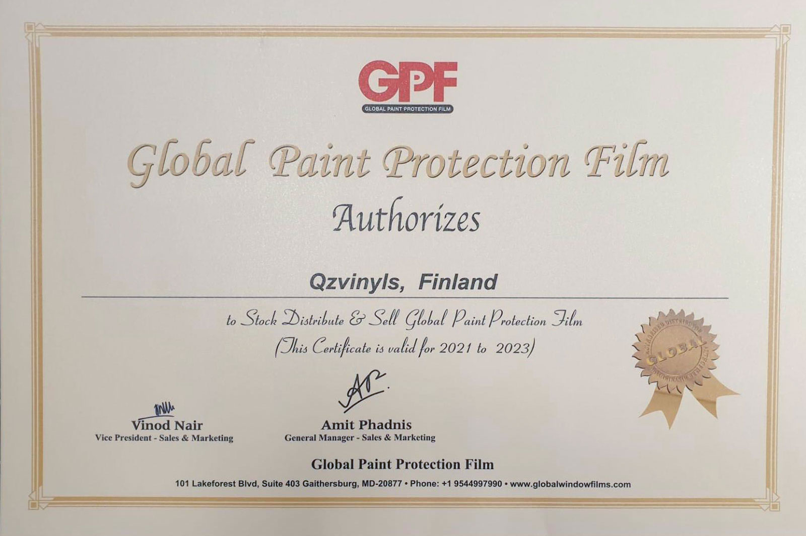 QZvinyls Global PPF sertifikaatti